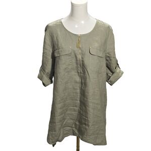 Ellen Tracy Linen Top‎ Size Large Womens Roll Tab Short Sleeve Grayish Brown
